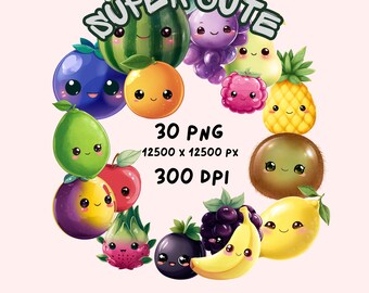 30 Kawaii Fruit PNG Clipart Bundle | Pastel Stickers, Planner Designs (Digital Download)