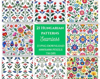 23 Hungarian Folklore Seamless Patterns, Magyar Floral Tulip Digital Texture (PNG Download)