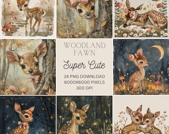Fawn Nursery Art Prints | 24 Woodland PNG Set (Instant Download)