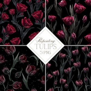 Può includere: Una composizione di arte digitale con motivi ripetuti di tulipani rosso scuro su sfondo nero. L'immagine include il testo "Repeating TULIPS 5 PNG" in una cornice bianca a forma di diamante. Il design floreale ha un'estetica gotica.
