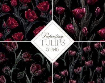 Seamless Repeating Pattern: Gothic Tulips, Dark Floral Digital 5 Pack with Romantic Tulip
