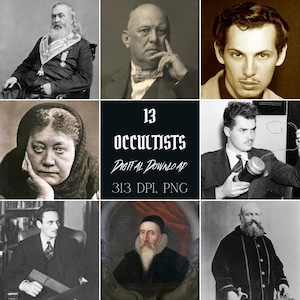 Op de afbeelding: Een digitale downloadafbeelding met sepia-getinte portretten van 13 occultisten. De afbeeldingen zijn gerangschikt in een raster. Tekst op de afbeelding luidt "13 Occultists Digital Download 313 DPI PNG".