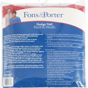 May include: A package for a Design Wall by Fons & Porter, featuring text in English and Spanish. The product is designed for arranging patchwork and quilt blocks without pinning. The size is 60 x 72 inches.