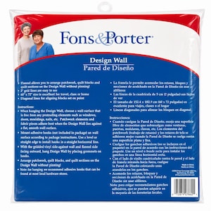May include: A Fons & Porter Design Wall in a clear plastic package. The product is a 60 inch by 72 inch flannel surface for arranging quilt blocks without pins, featuring a 2 inch grid. The packaging includes instructions and product details.