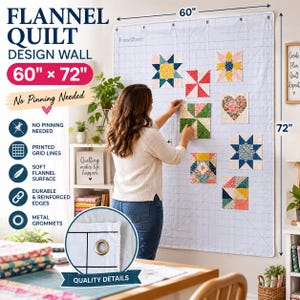 May include: A white Fons & Porter flannel quilt design wall measuring 60 inches by 72 inches. The surface features a printed blue grid, reinforced edges, and metal grommets along the top for hanging. It is designed for arranging quilt blocks.