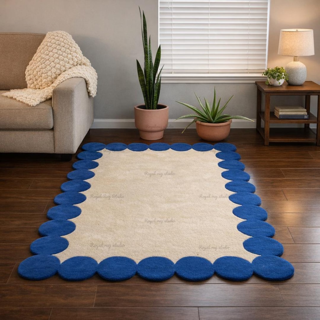 Scalloped Border Tufted Rug, Blue Border Area Rug, Handmade Minimalist ...