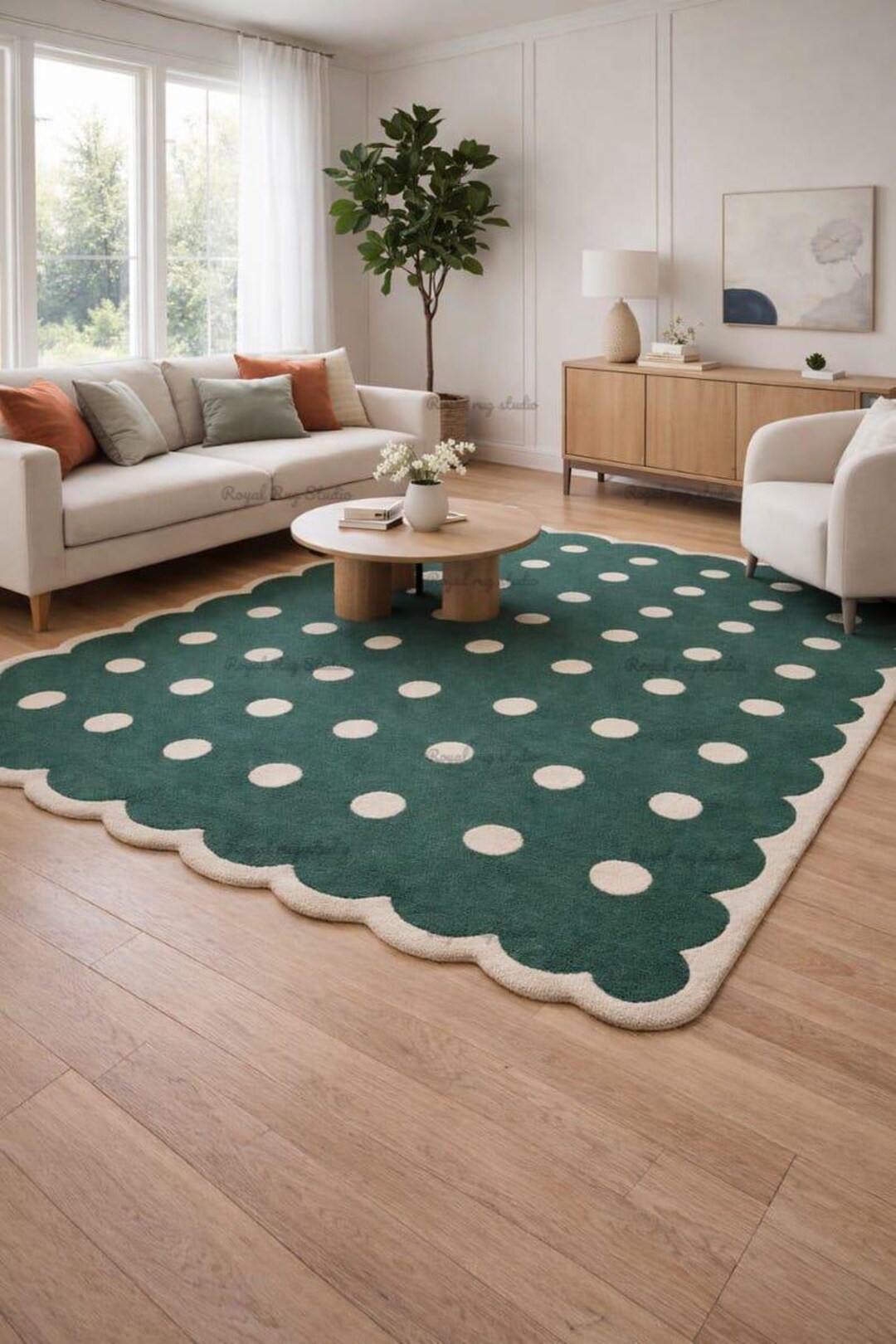 Green Polka Dot Rug, Scalloped Edge Area Rug, Handmade Tufted Carpet ...