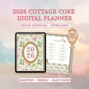 Pode incluir: Um planejador digital para 2026 com tema cottage core. O planejador apresenta um design floral com o ano de 2026 em uma moldura decorativa. Inclui páginas mensais, semanais e diárias e está disponível para download instantâneo.