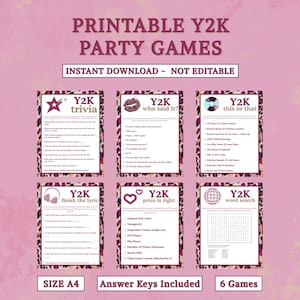 May include: Printable Y2K party games with six different game options, including trivia, word search, and finish the lyric. The games are designed with a pink and leopard print theme and include answer keys. The size is A4.