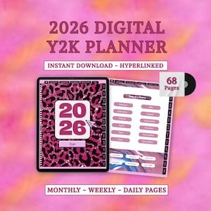 May include: Digital Y2K planner for 2026 with a pink leopard print design. The planner includes monthly, weekly, and daily pages. The image shows a tablet with the planner open, displaying the year 2026 and a start button. The planner is an instant download and hyperlinked.