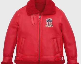 Chaqueta Avirex roja estilo bombardero estadounidense Icon Fur Sheerling de piel de oveja auténtica para hombre