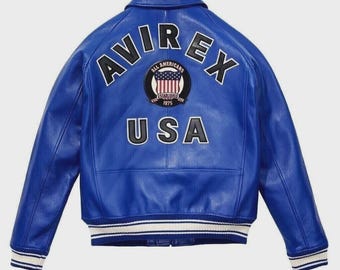 Men's Avirex Blue Leather Bomber Jacket: American Flight Style