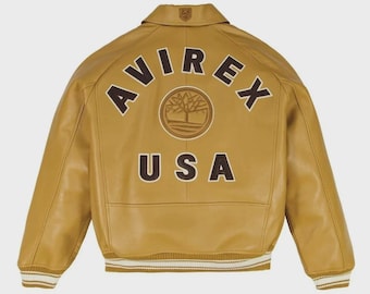 Men Avirex x TIMBERLAND Real Leather Varsity Jacket Yellow Limited Edition Coat