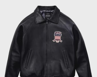 Herren Avirex Bomberjacke aus schwarzem Leder, amerikanische Fliegerjacke