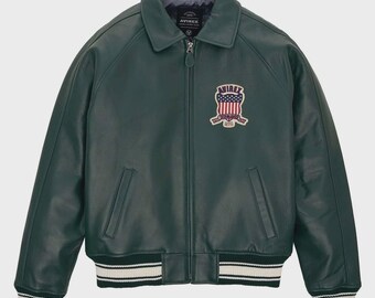 Chaqueta de cuero icónica Avirex para hombre, chaqueta bomber americana verde oscuro, regalo para él
