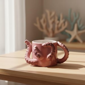 Pode incluir: Uma caneca de cerâmica rosa com uma alça de tentáculo de polvo e detalhes adicionais de tentáculos. A caneca tem um interior branco e está sobre uma superfície de madeira. Coral decorativo e uma estrela do mar no fundo.