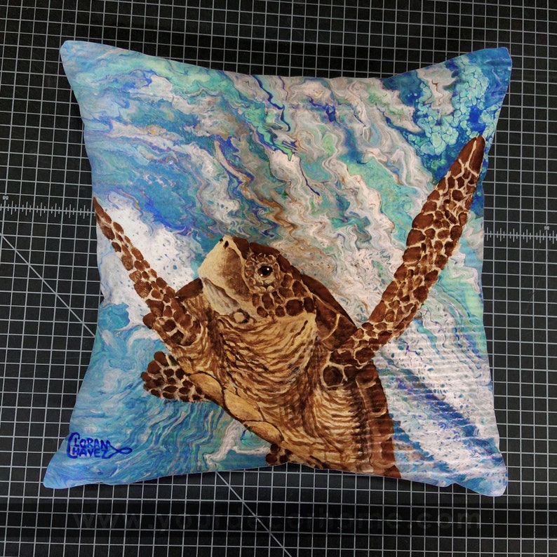 polyester printed fabric pillow cover conch shell under the sea Loran Chavez ocean art beach decor local artist fairhope alabama art