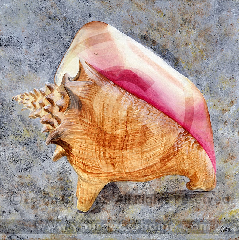 polyester printed fabric pillow cover conch shell under the sea Loran Chavez ocean art beach decor local artist fairhope alabama art