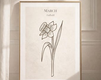 Personalized Daffodil Birth Flower Line Art Print | March Botanical Wall Decor (Digital Download)