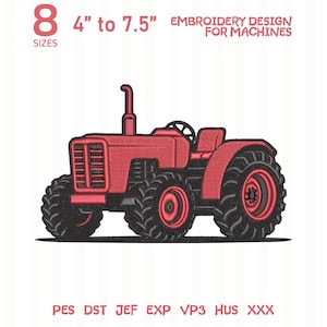 May include: A red tractor embroidery design for machines, featuring 8 sizes ranging from 4 inches to 7.5 inches. The digital file supports formats including PES, DST, JEF, EXP, VP3, HUS, and XXX, displayed with a red tractor graphic.