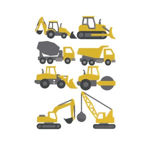 Op de afbeelding: Een verzameling gele bouwmachines, waaronder een bulldozer, graafmachine, betonmixer, dumper, wiellader, wals en kraan, tegen een witte achtergrond. De voertuigen zijn ontworpen in een eenvoudige, cartoonstijl.