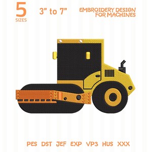 Op de afbeelding: Een borduurontwerp voor machines met een gele en zwarte wals. De tekst luidt 5 SIZES 3" to 7" EMBROIDERY DESIGN FOR MACHINES en bevat de bestandsformaten PES DST JEF EXP VP3 HUS XXX.