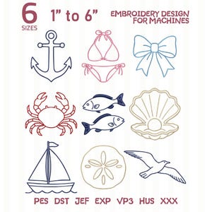 Mini Coastal Embroidery Design Bundle – 10 Icons | anchor, bikini, bow, crab, fish, seashell, sailboat, sand dollar, seagull | DST PES Files