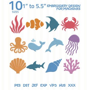 May include: A digital embroidery design set featuring 10 sea-themed icons including a crab, octopus, whale, dolphin, jellyfish, shark, shells, and coral in orange, blue, pink, and purple. Text reads 10 1" to 5.5" EMBROIDERY DESIGN FOR MACHINES.