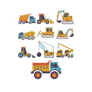 Construction Vehicles Embroidery File, Cartoon Trucks, Filled Stitch Kids Design (Digital Download)