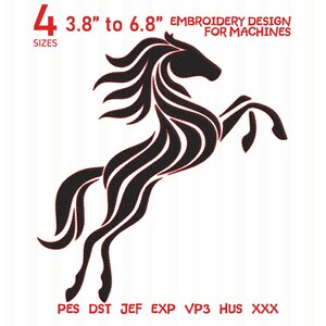 May include: A black horse embroidery design for machines with red outlines. The text reads 4 SIZES 3.8" to 6.8" EMBROIDERY DESIGN FOR MACHINES and lists file formats PES DST JEF EXP VP3 HUS XXX.