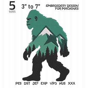 May include: An embroidery design for machines featuring a teal Bigfoot silhouette filled with a white mountain peak and black pine trees. The text reads 5 SIZES, 3" to 7", EMBROIDERY DESIGN FOR MACHINES, and file formats PES, DST, JEF, EXP, VP3, HUS, XXX.
