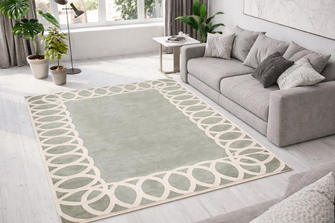 Sage Green Geometric Border Area Rug – Modern Minimalist Living Room ...