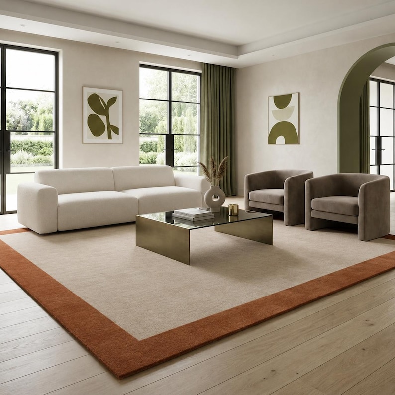Handmade Wool Area Rug, Cream Center With Rust Border, Modern ...