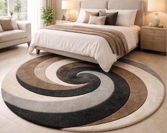 Hand Tufted Wool Swirl Rug, Abstract Modern Round Carpet, Plush Living Room Area Rug