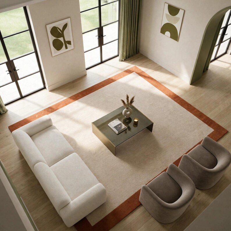 Handmade Wool Area Rug, Cream Center With Rust Border, Modern ...