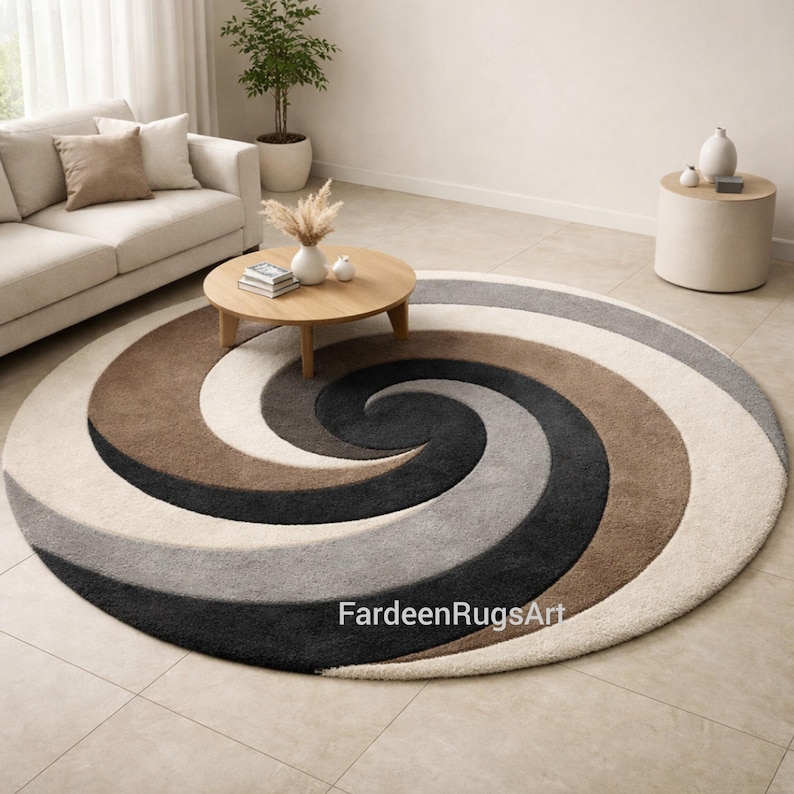 Hand Tufted Wool Swirl Rug, Abstract Modern Round Carpet, Plush Living ...