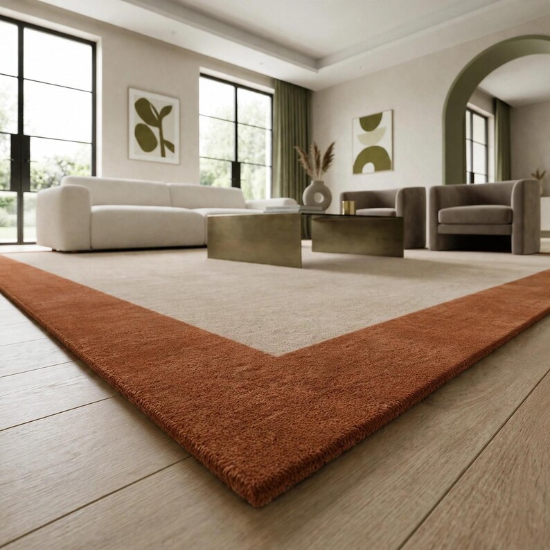 Handmade Wool Area Rug, Cream Center With Rust Border, Modern ...