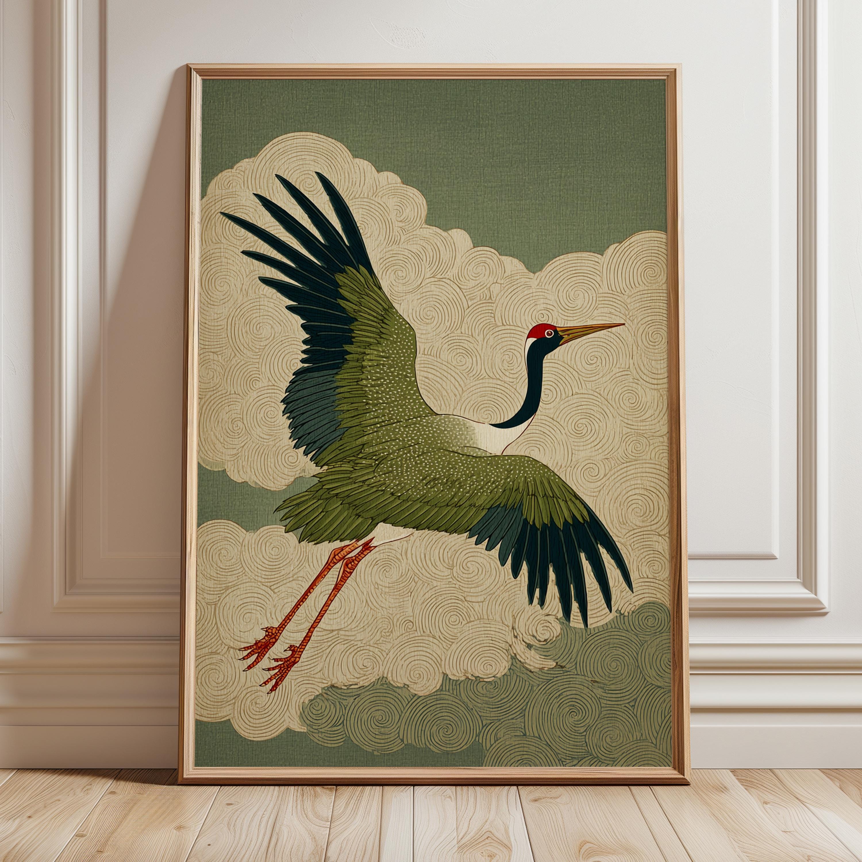 Japanese Crane in Swirling Cloud Skies Poster, Traditional Nihonga