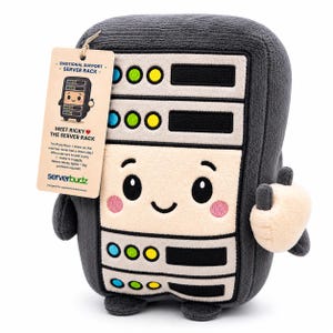 May include: A plush server rack toy in shades of gray, black, and beige, with a smiling face and colorful lights. The toy has a tag that reads "Emotional Support - Server Rack" and "Meet Ricky the Server Rack."