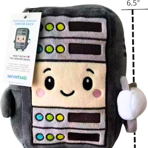 May include: A plush toy server rack, approximately 16.5 cm tall, with a smiling face, pink cheeks, and colourful lights. The text "Ricky the Rack" and "Emotional Support Server Rack" are visible.