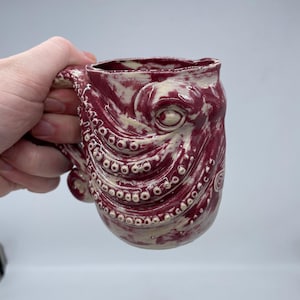 Sculptural Octopus Mug: Burgundy Gloss Ceramic Coffee Cup
