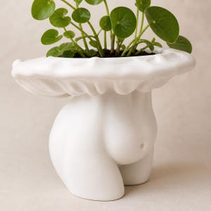May include: A white ceramic planter shaped like a torso, with a wide, ruffled rim. The planter holds a green plant with round leaves. The design is minimalist and sculptural, suitable for indoor decor. The planter is approximately 10 inches tall.
