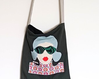 Ręcznie robiona torba płócienna, z przetworzonym naszywką w stylu vintage pop-art, z motywem kobiety, na ramię