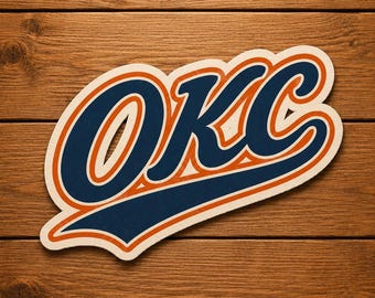 Vintage OKC Script Sticker, Retro Blue Orange Vinyl Decal