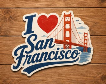 Sticker I Love San Francisco, vinylsticker Golden Gate Bridge, retro reissticker Californië