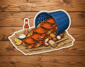 Sticker Lowcountry Crab Boil, kustzeevruchten gestanst vinyl decal, Southern Feast Art