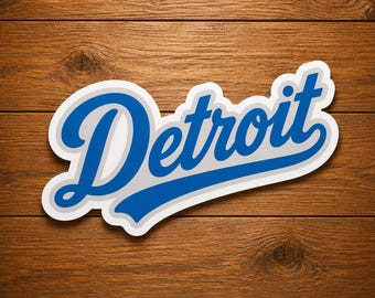 Retro blauwe sticker Detroit Script, vintage cursief Motor City-sticker