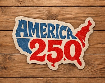 Sticker America 250, retro vinylsticker VS Semiquincentennial, patriottische kaart