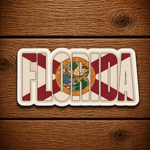 Pegatina de la bandera del estado de Florida, diseño de escritura vintage, calcomanía retro del orgullo del estado del sol.