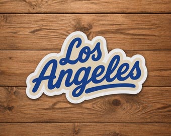 Retro stickersticker Los Angeles, blauw cursief sticker, vintage California Vibes